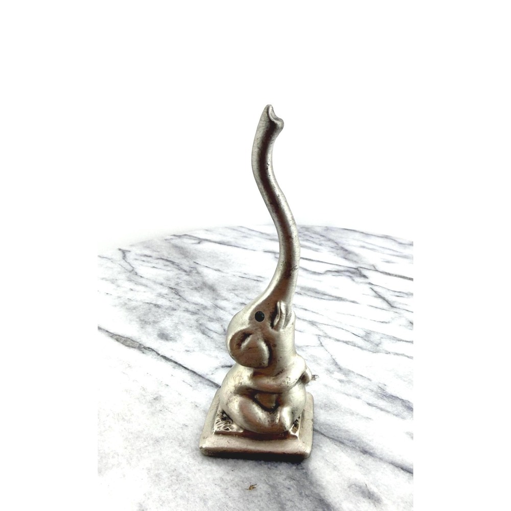 Vintage Elephant Ring Holder Green Rhinestone Eyes Good Luck Trunk Up Ring Tree - Picture 3 of 16